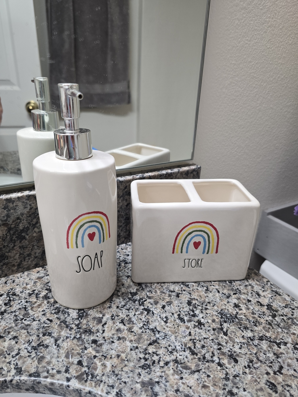 Rae Dunn Ceramic Rainbow Soap Dispenser and Toothbrush Holder - White